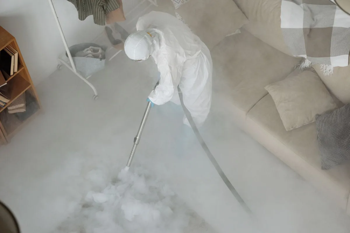 Biohazard cleanup technician in protective equipment, Carolina Forest, SC